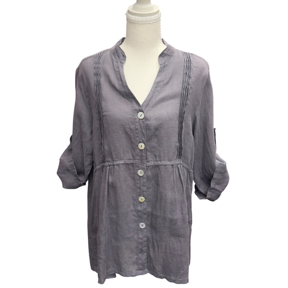 Match Point 100% Linen Tunic Top Charcoal Grey Pintuck Roll Tab Sleeve USA Made